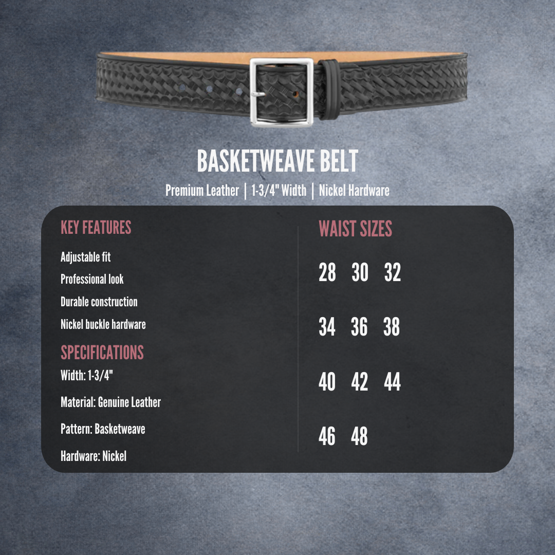 IVC Fire Academy Basketweave Belt - features and waist size chart