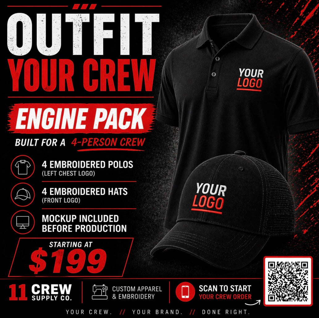 Outfit Your Crew pack, custom embroidered logo polos and hats by 11 Crew