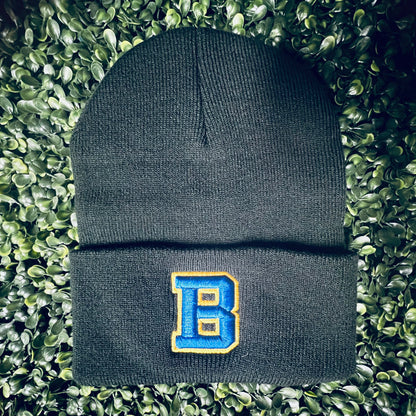 Brawley B 3D Puff Beanie, black with raised blue and gold block B