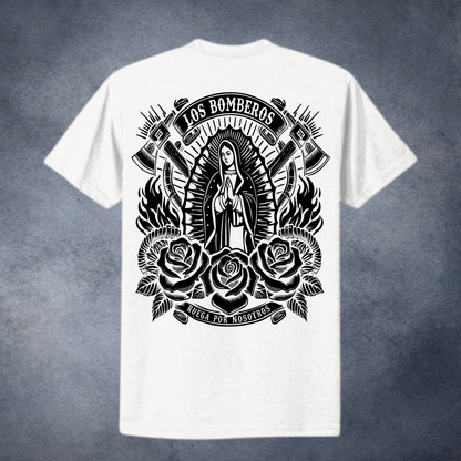 Los Bomberos La Virgen Pray For Us Tee, Los Bomberos firefighter tee