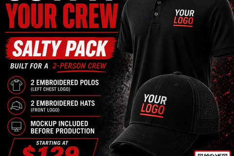  Outfit Your Crew pack, custom embroidered logo polos and hats by 11 Crew