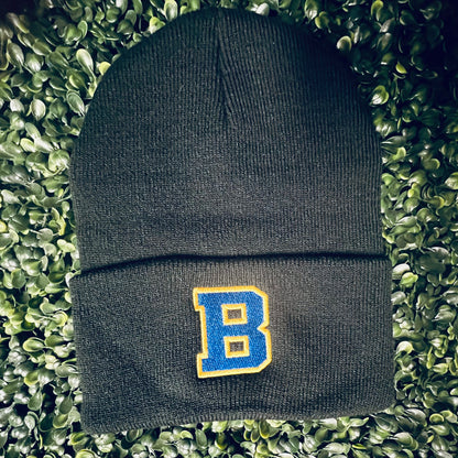 Brawley Block B Beanie, black with flat embroidered blue and gold block B