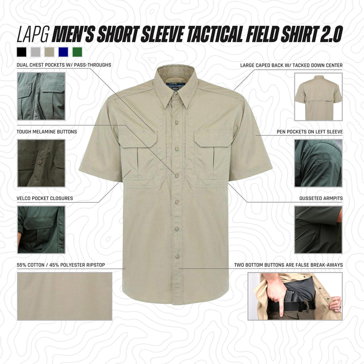 LAPG Men's Short Sleeve Button Up Tactical Field Shirt 2.0